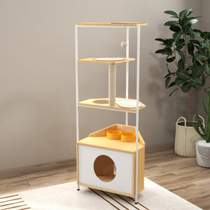 English Elm Corner Cat Tower with Feeding Cabinet Sisal Post and Climbing Platforms for Indoor Pets W1687106555