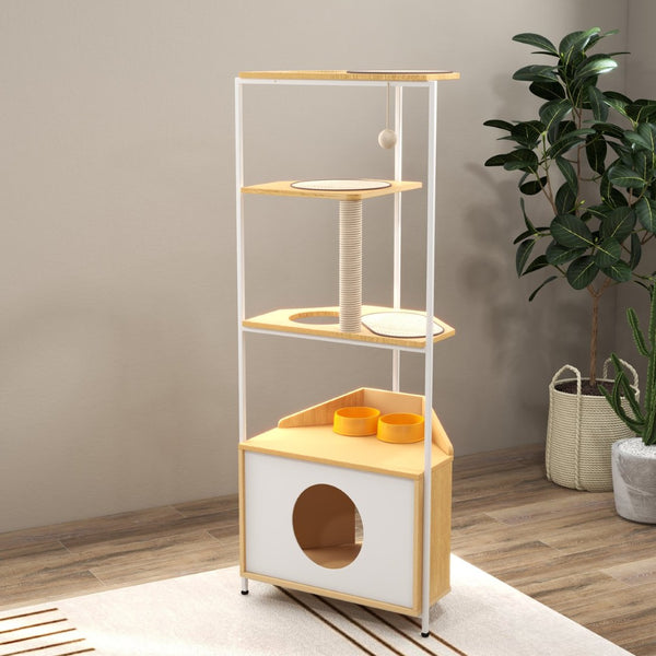 English Elm Corner Cat Tower with Feeding Cabinet Sisal Post and Climbing Platforms for Indoor Pets W1687106555