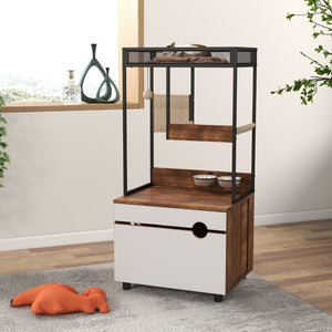 English Elm Corner Cat Tower with Feeding Cabinet Sisal Post and Climbing Platforms for Indoor Pets W1687106558
