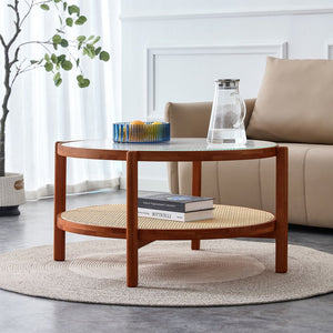 English Elm Modern round rattan coffee table with glass top, PE rattan lower shelf, solid wood frame, Japanese charm W1151104956