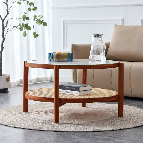 English Elm Modern round rattan coffee table with glass top, PE rattan lower shelf, solid wood frame, Japanese charm W1151104956
