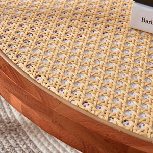 English Elm Modern round rattan coffee table with glass top, PE rattan lower shelf, solid wood frame, Japanese charm W1151104956