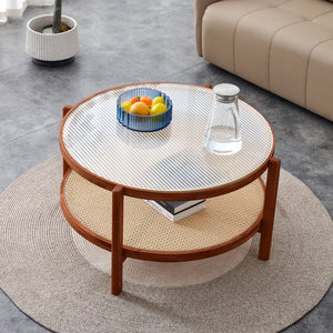English Elm Modern round rattan coffee table with glass top, PE rattan lower shelf, solid wood frame, Japanese charm W1151104956