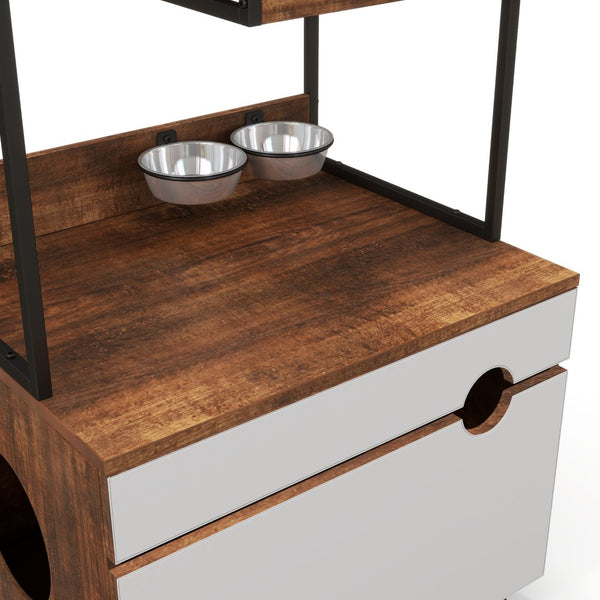 English Elm Corner Cat Tower with Feeding Cabinet Sisal Post and Climbing Platforms for Indoor Pets W1687106558