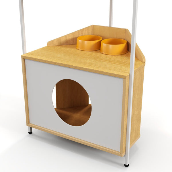 English Elm Corner Cat Tower with Feeding Cabinet Sisal Post and Climbing Platforms for Indoor Pets W1687106555