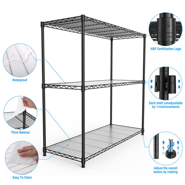 English Elm 3 3-Tier Heavy Duty Wire Shelving Unit, NSF Certified 1050 lb Capacity, Adjustable Shelves & Feet Black W155091053