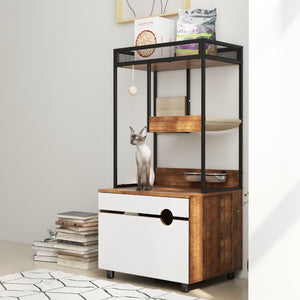 English Elm Corner Cat Tower with Feeding Cabinet Sisal Post and Climbing Platforms for Indoor Pets W1687106558