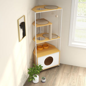 English Elm Corner Cat Tower with Feeding Cabinet Sisal Post and Climbing Platforms for Indoor Pets W1687106555
