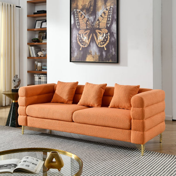 English Elm 3-Seater Soft Orange Teddy Fabric Sofa Set With 5 Pillows - Stylish Comfort For Home Living Spaces W834S00167