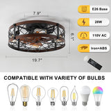 English Elm Caged Ceiling Fans With Lights Black, 20 Inch Flush Mount Ceiling Fan Light, Farmhouse Small Ceiling Fan With Light Fixture, Reversible Fan For Bedroom, Office, Kitchen (E26 Bulbs Included)