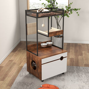 English Elm Corner Cat Tower with Feeding Cabinet Sisal Post and Climbing Platforms for Indoor Pets W1687106558