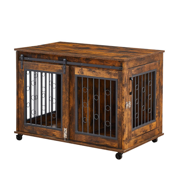 English Elm Sliding Sliding Door Dog Cage with Partition for Two Puppies Rustic Brown & Black, Dual-Furniture Crate 39.37" W sturdy tabletop storage, fits medium dogs up to 75 lb W1162103688