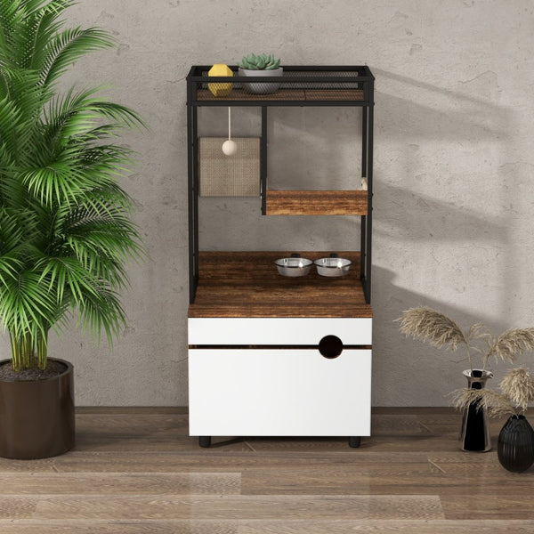 English Elm Corner Cat Tower with Feeding Cabinet Sisal Post and Climbing Platforms for Indoor Pets W1687106558