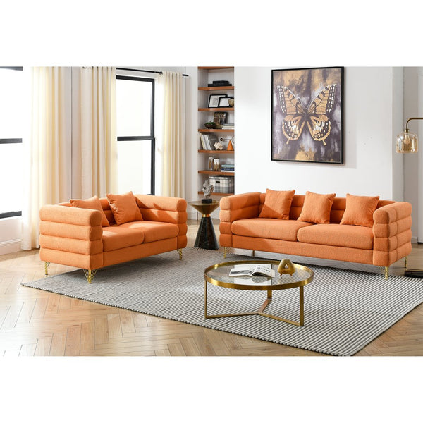 English Elm 3-Seater Soft Orange Teddy Fabric Sofa Set With 5 Pillows - Stylish Comfort For Home Living Spaces W834S00167