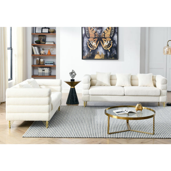 English Elm 3-Seater Ivory Teddy Sofa Set - Stylish & Cozy 2-Seater + 3-Seater Combination With Pillows! W834S00527