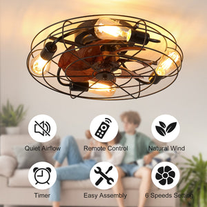 English Elm Caged Ceiling Fan With Light, 20'' Farmhouse Low Profile Ceiling Fan Lights With Remote Control, Modern Enclosed 4X E26 Bulb Ceiling Fans With Reversible Motor Living Room Bedroom Kitchen, Black