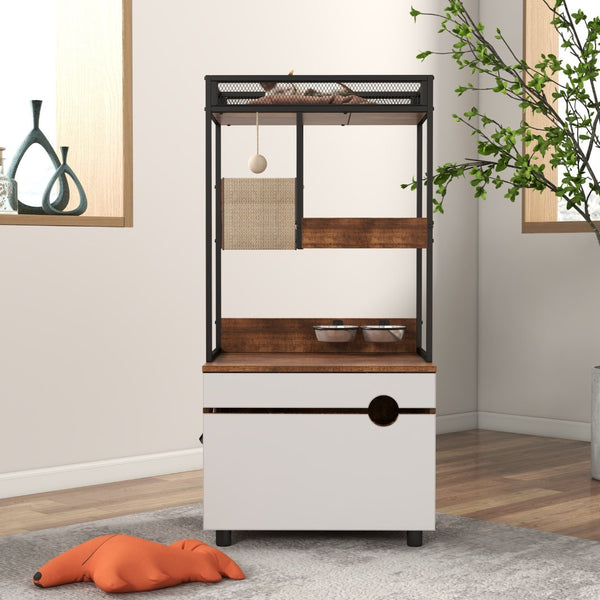 English Elm Corner Cat Tower with Feeding Cabinet Sisal Post and Climbing Platforms for Indoor Pets W1687106558