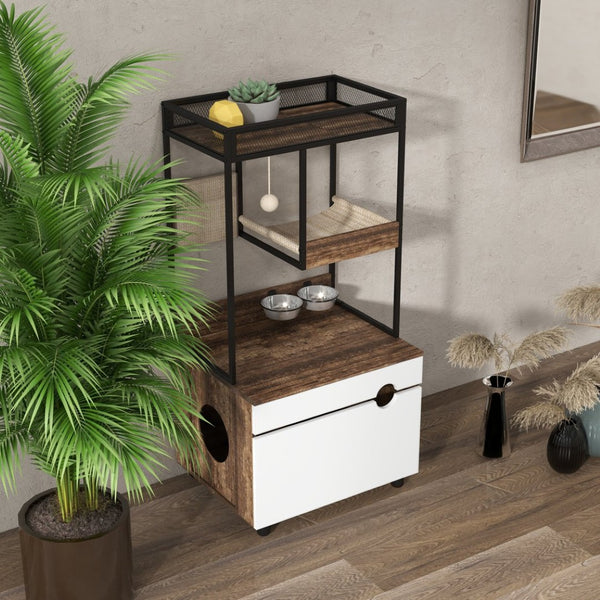 English Elm Corner Cat Tower with Feeding Cabinet Sisal Post and Climbing Platforms for Indoor Pets W1687106558