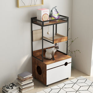 English Elm Corner Cat Tower with Feeding Cabinet Sisal Post and Climbing Platforms for Indoor Pets W1687106558