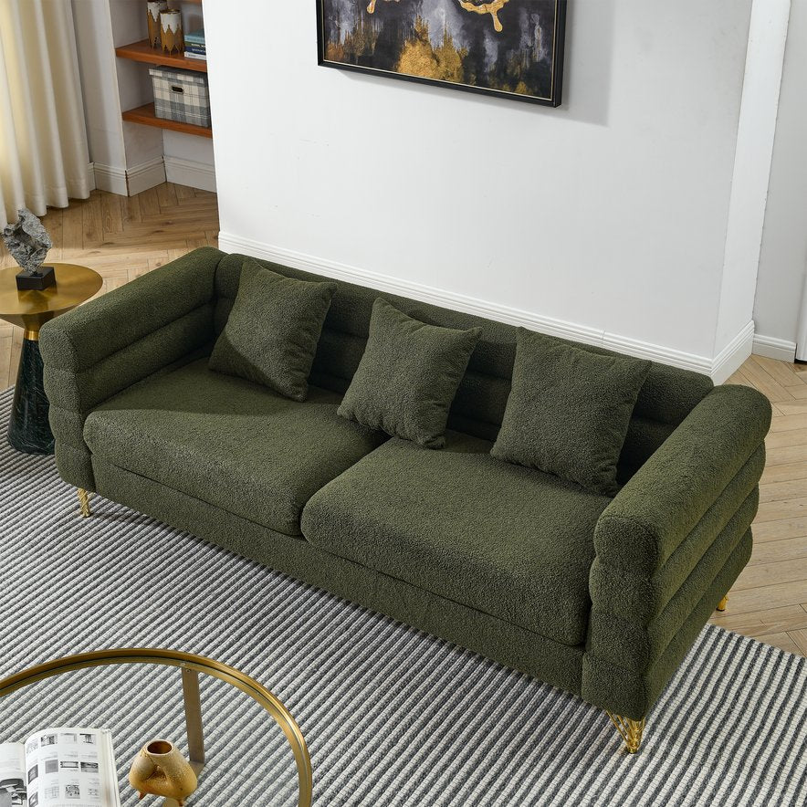 English Elm 81Inch Oversized 3 Seater Sectional Sofa, Green Teddy Fabric, Deep Cushioned Seats +3 Pillows, Modern Durable Frame W834S00133