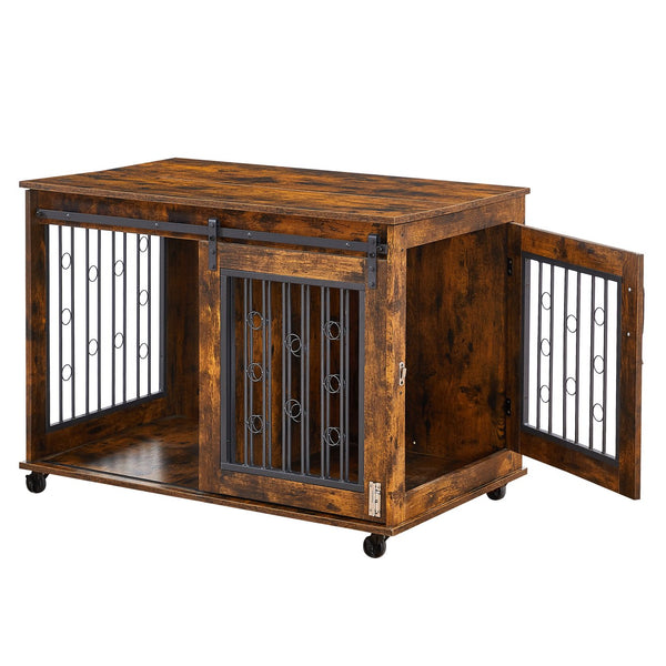 English Elm Sliding Sliding Door Dog Cage with Partition for Two Puppies Rustic Brown & Black, Dual-Furniture Crate 39.37" W sturdy tabletop storage, fits medium dogs up to 75 lb W1162103688