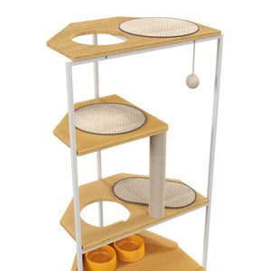 English Elm Corner Cat Tower with Feeding Cabinet Sisal Post and Climbing Platforms for Indoor Pets W1687106555