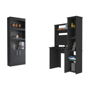 English Elm 2 Piece Office Set Dozza Bookcase and Aramis Desk with Easy Interlock, Pre-Drilled, Durable Wood Panels Black 74.88 L x 16.63 W x 5 H B097S00029