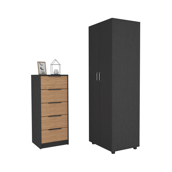 English Elm 2 Piece Bedroom Set London Armoire & Egeo 5-Drawer Dresser Black/Light Oak — RTA, Durable, Easy Assemble B0200S00237