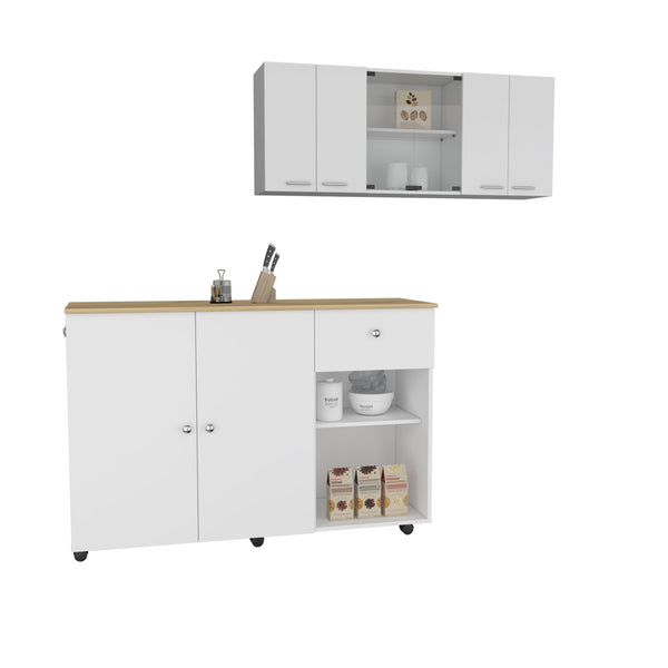 English Elm 2 Piece Kitchen Set with Island and Pantry Cabinet — Sturdy RTA Particle Board, Easy Interlock Assembly, Pre‑drilled Holes, Clear Instructions, Durable Finish White 68.9 L x 17 W x 6.69 H B0200S00229
