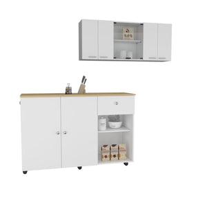 English Elm 2 Piece Kitchen Set: Stylish Island Cart & Glass-Front Wall Cabinet For Modern Storage Solutions B097S00039