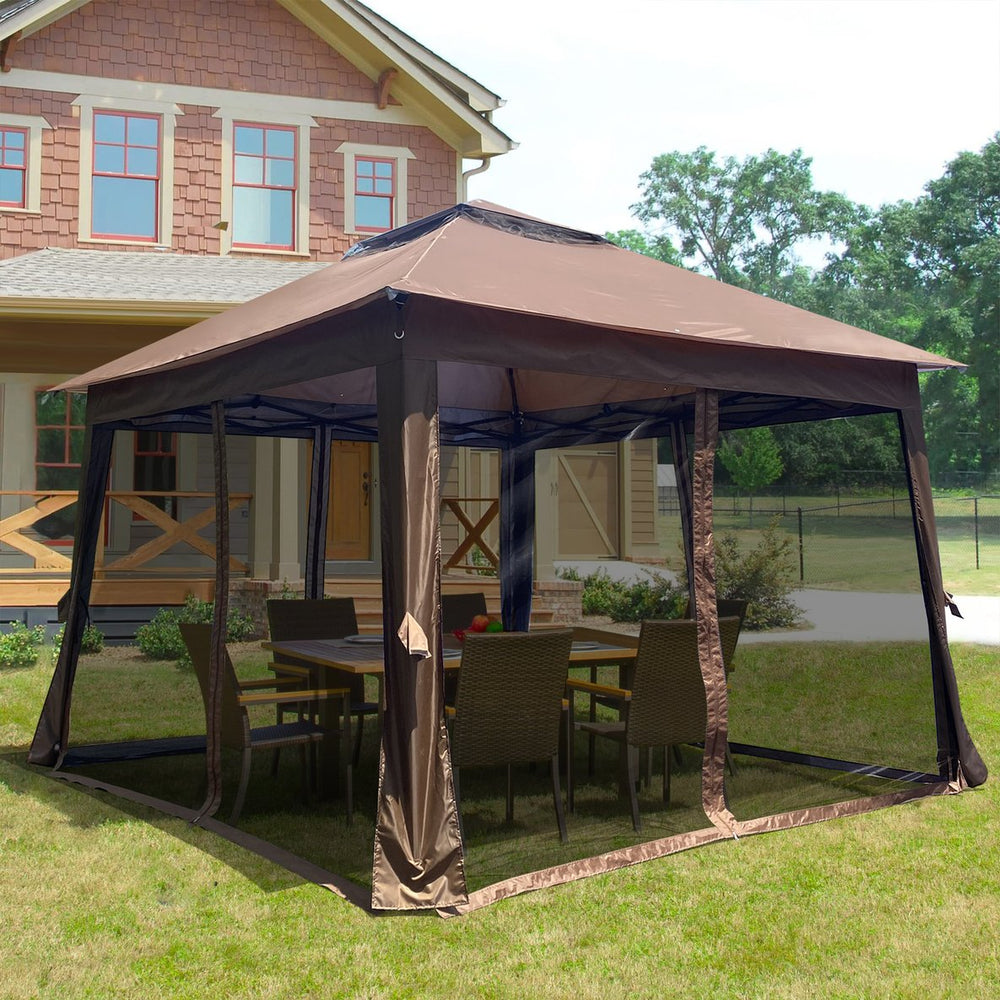 English Elm Outdoor 11x11 Ft Gazebo Canopy with Double-Tier Ventilated Roof, Removable Mesh, Sandbags Brown W419104362