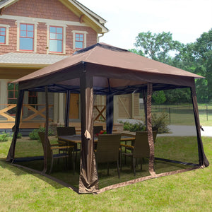 English Elm Outdoor 11x11 Ft Gazebo Canopy with Double-Tier Ventilated Roof, Removable Mesh, Sandbags Brown W419104362