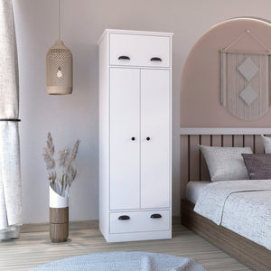 English Elm Dresser-closet with secure interlocking assembly, roomy upper storage, shelves, hanging rod, drawer White 73.6 L x 24.4 W x 3.14 H B097S00004