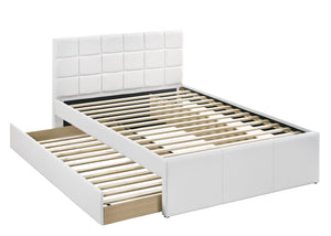 English Elm Twin Faux Leather Upholstered Bed with Pull-Out Trundle for Kids Compact Modern Sleep Solution White 52 L x 44 W x 7 H B011S01146