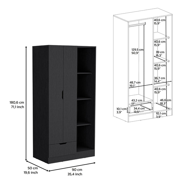 English Elm Armoire with 71" Height, 1 Drawer & 4 Open Shelves, 2 Doors, Sturdy Particleboard, Easy Assembly Black 40.15 L x 23.62 W x 3.93 H B097S00011