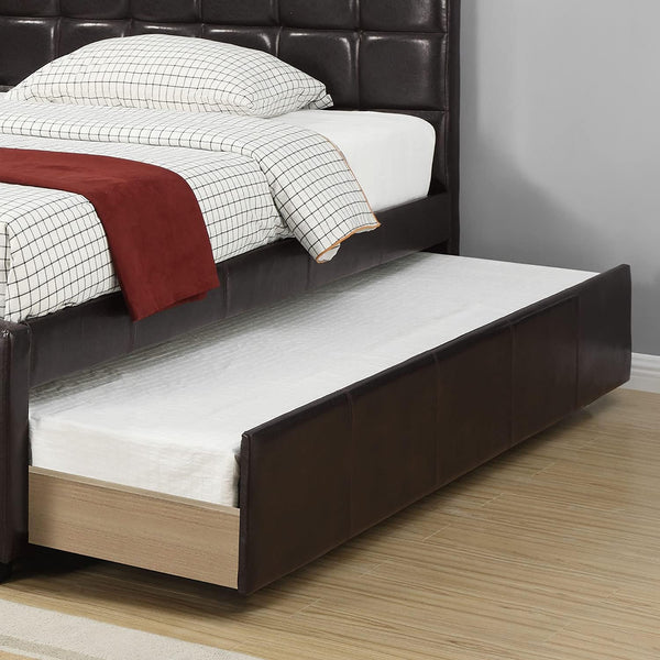 English Elm Twin Faux Leather Upholstered Bed with Pull-Out Trundle for Kids Compact Modern Sleep Solution Espresso 51 L x 43 W x 6 H B011S01150