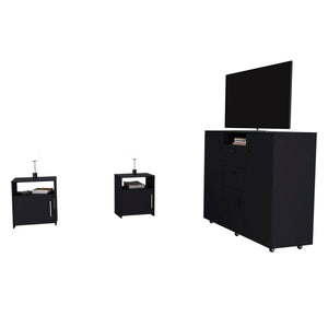 English Elm 3 Piece Milano Bedroom Set with Double-Door Dresser & 2 Omaha Nightstands, Black, Easy-Assembly Durable Wood B0200S00249