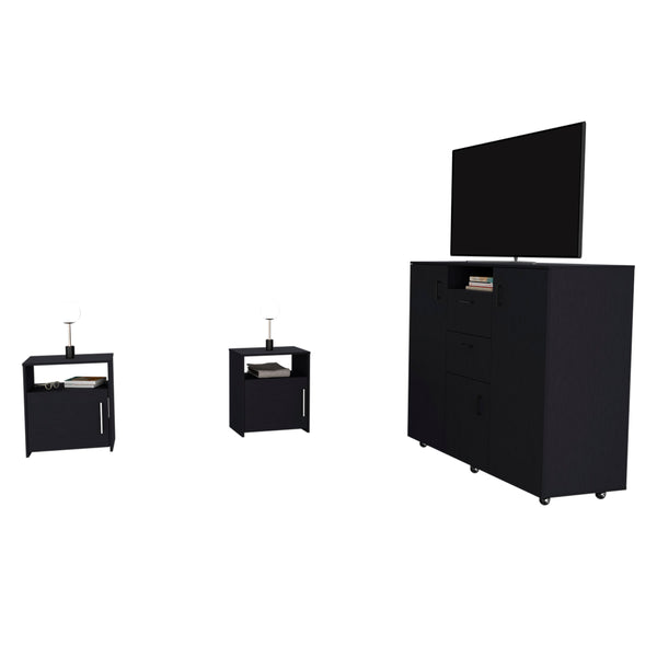 English Elm 3 Piece Milano Bedroom Set with Double-Door Dresser & 2 Omaha Nightstands, Black, Easy-Assembly Durable Wood B0200S00249