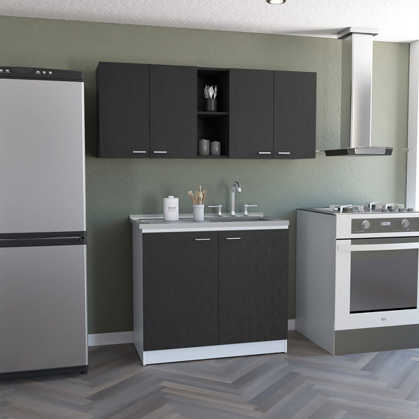 English Elm 2 Piece Kitchen Set with 150 Wall Cabinet & Utility Sink Cabinet, Black Particleboard, Easy-Assembly, Durable Design B0200S00228