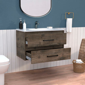English Elm Floating Vanity 20.4"H Wall-Mounted Bathroom Cabinet with 2 Drawers, Dark Brown/White, Easy-Assembly Features B097S00008