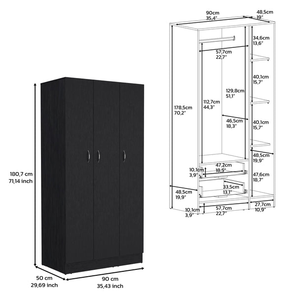English Elm Wardrobe Armoire with 3 Doors and 2 Inner Drawers, Sturdy Particle Board, Easy Interlocking Assembly Black 74.8 L x 23.62 W x 2.75 H B097S00010