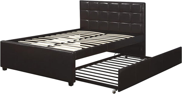English Elm Full Full Size Bed with Twin Trundle Upholstered Faux Leather Headboard Wooden Slats Modern Design Cozy Sleep Espresso 59 L x 50 W x 6 H B011S01149