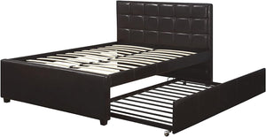 English Elm Twin Faux Leather Upholstered Bed with Pull-Out Trundle for Kids Compact Modern Sleep Solution Espresso 51 L x 43 W x 6 H B011S01150