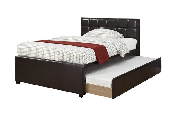English Elm Twin Faux Leather Upholstered Bed with Pull-Out Trundle for Kids Compact Modern Sleep Solution Espresso 51 L x 43 W x 6 H B011S01150