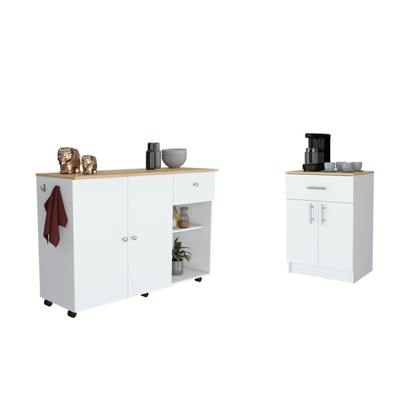 English Elm 2 Piece Kitchen Set with Island and Pantry Cabinet — Sturdy RTA Particle Board, Easy Interlock Assembly, Pre‑drilled Holes, Clear Instructions, Durable Finish White 57.6 L x 22.13 W x 5.28 H B0200S00220