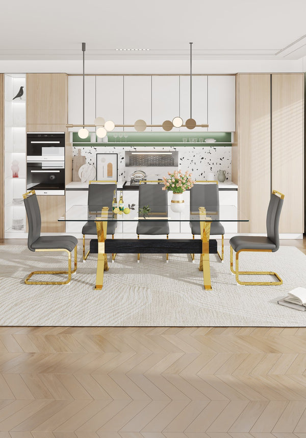 English Elm Dining Table - Stylish Tempered Glass Top With Gold-Plated Metal Legs For Modern Home & Office Use W1151S00260