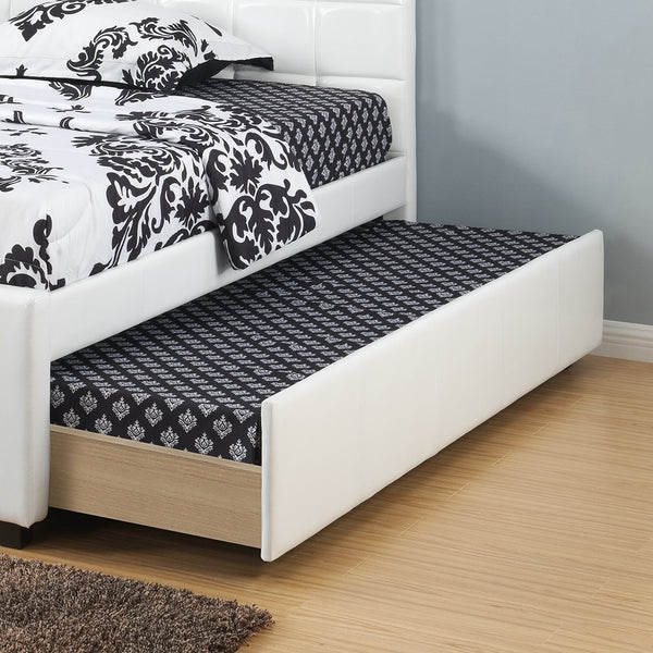 English Elm Twin Faux Leather Upholstered Bed with Pull-Out Trundle for Kids Compact Modern Sleep Solution White 52 L x 44 W x 7 H B011S01146