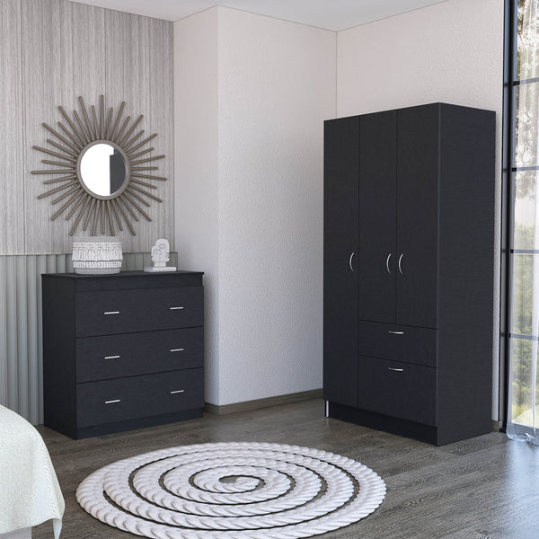 English Elm 2 Piece Bedroom Set Cartagena Armoire & Capri 3-Drawer Dresser Black — Easy Assembly, Durable Wood Finish B0200S00246