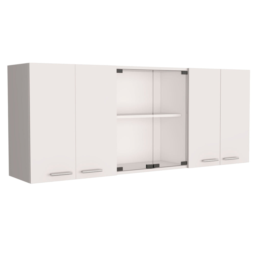 English Elm 2 Piece Kitchen Set: Stylish Island Cart & Glass-Front Wall Cabinet For Modern Storage Solutions B097S00039