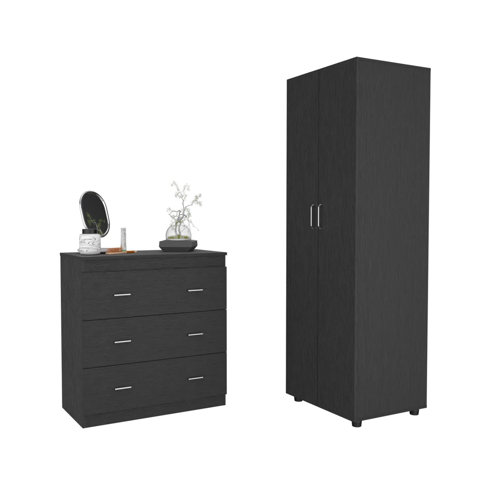 English Elm 2 Piece Bedroom Set London Armoire & Capri 3-Drawer Dresser Black — RTA Wood, Easy Assembly, Durable Finish B097S00069